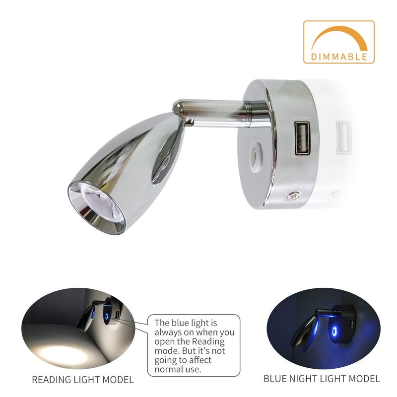 THALASSA 12V RV Spotlight USB Reading Light - Dimmable Touch Switch with Blue Circle Night Light, Polished Chrome, Surface Mounted on Trailer Caravan Boat Interior as Bedside Light Book Lamp, 2 Pack - Image 5